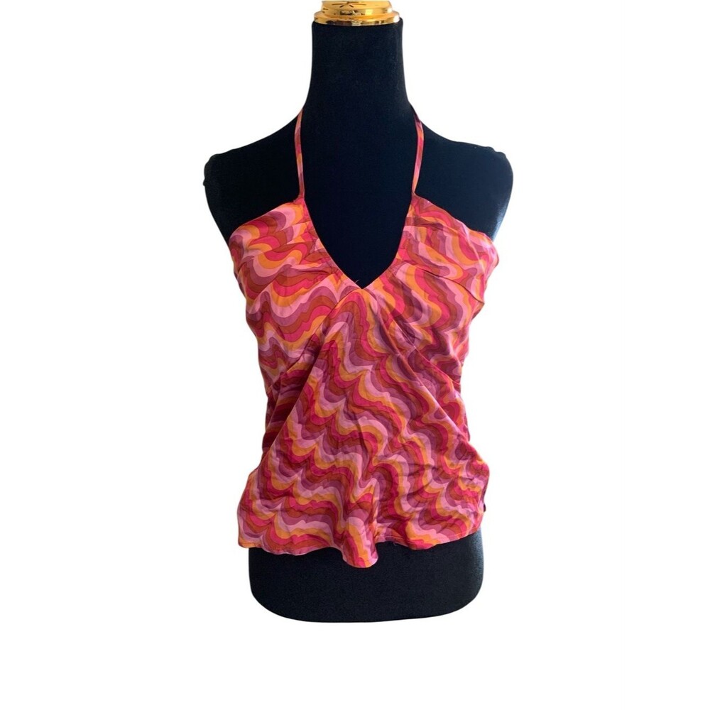 NWT Women Groovy Pink Multi Halter V-Neck Tank Top Kidcore S Hippie